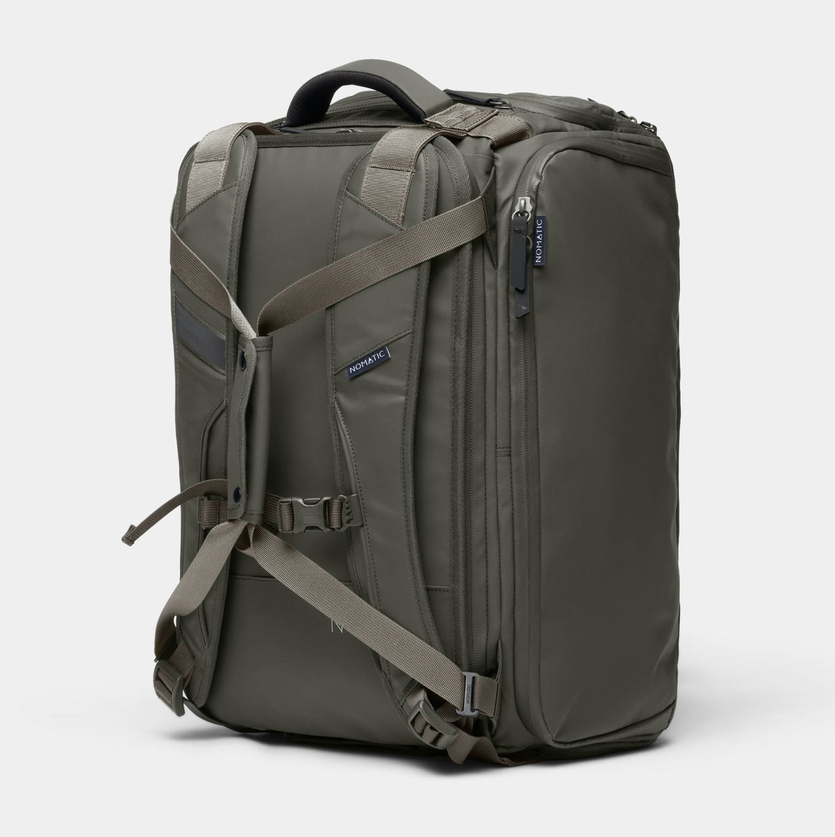 NOMATIC Travel Bag 30L in olive, main compartment access view