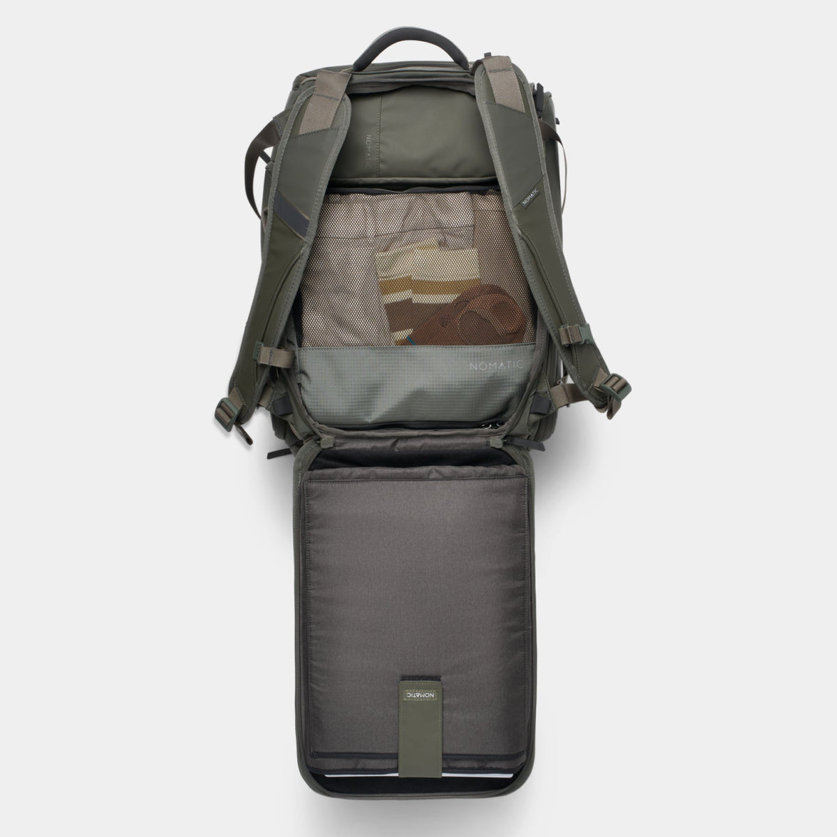 NOMATIC Travel Bag 30L in olive, open main compartment showing packing capacity