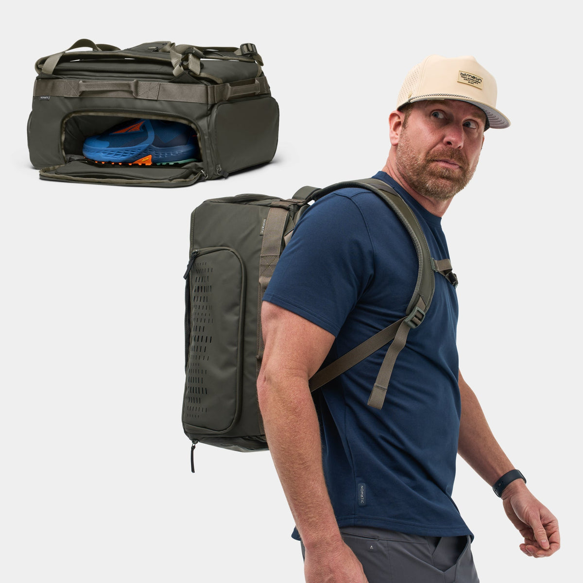 NOMATIC Travel Bag 30L in olive, convertible carry modes