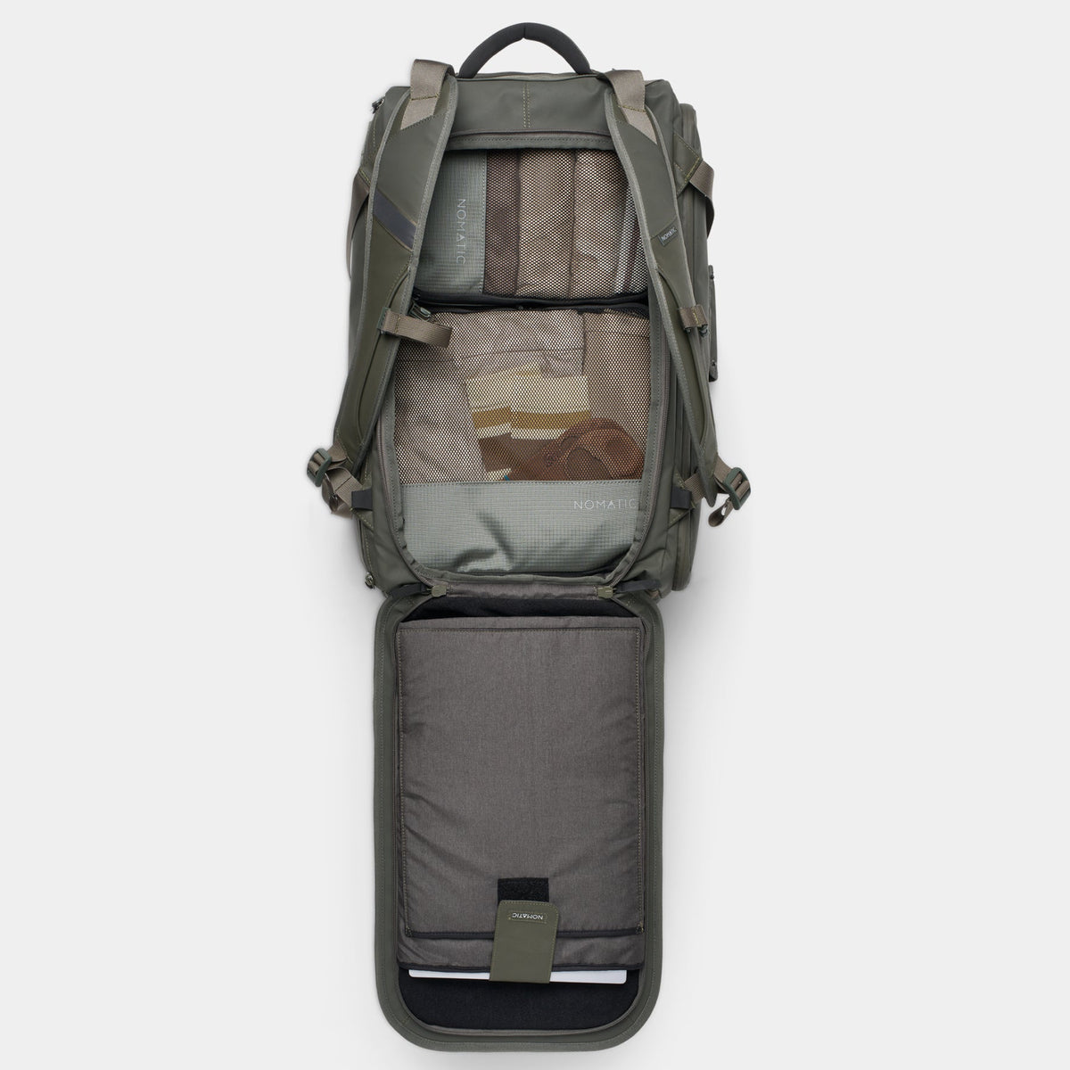 NOMATIC Travel Bag 40L in olive, open main compartment showing packing capacity