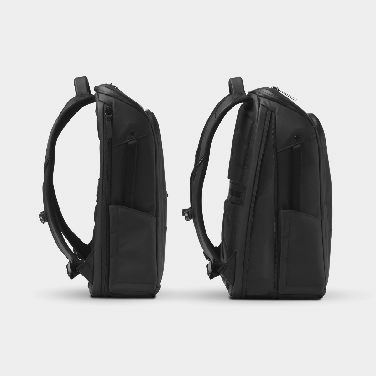 NOMATIC Backpack 14L in black, expanded beside collapsed size