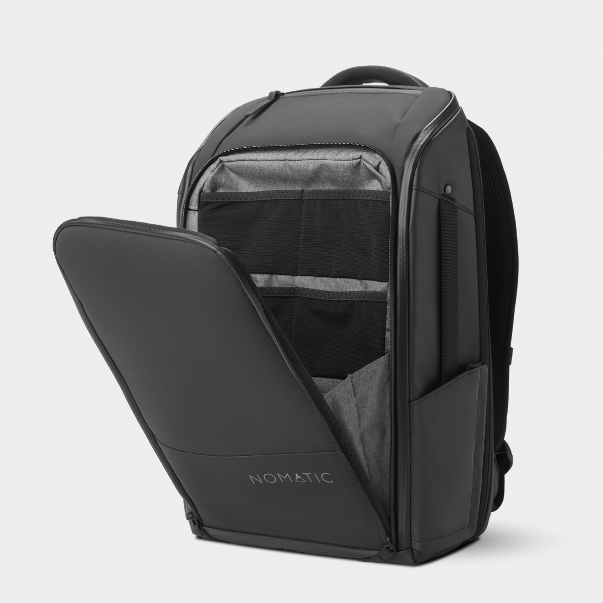 Nomatic Black Backpack Open Pocket Front Angle View#color_black