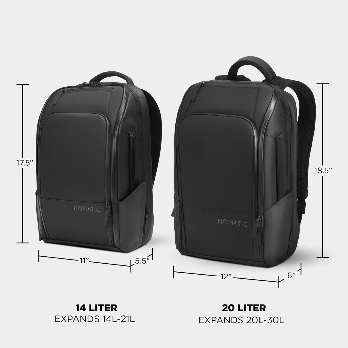 Nomatic Travel Pack 20L vs 14L size comparison chart showing dimensions, capacity, and feature differences