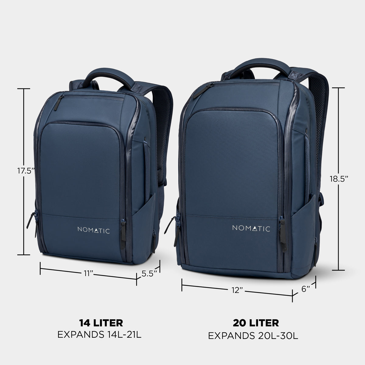Nomatic Travel Pack 14L vs 20L comparison - navy colorway