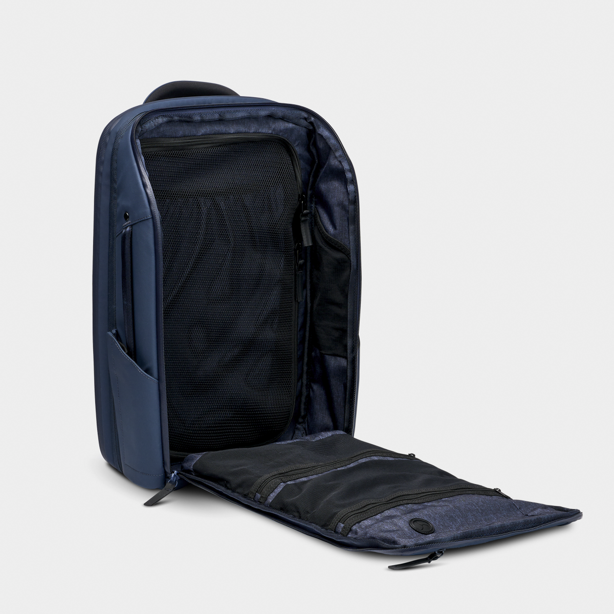 Nomatic Travel Pack 14L navy open front pocket showing organization#color_navy