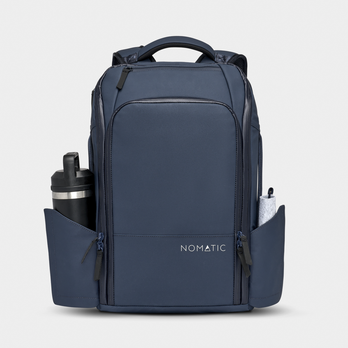 Nomatic Travel Pack 14L navy side view showing water bottle pocket#color_navy