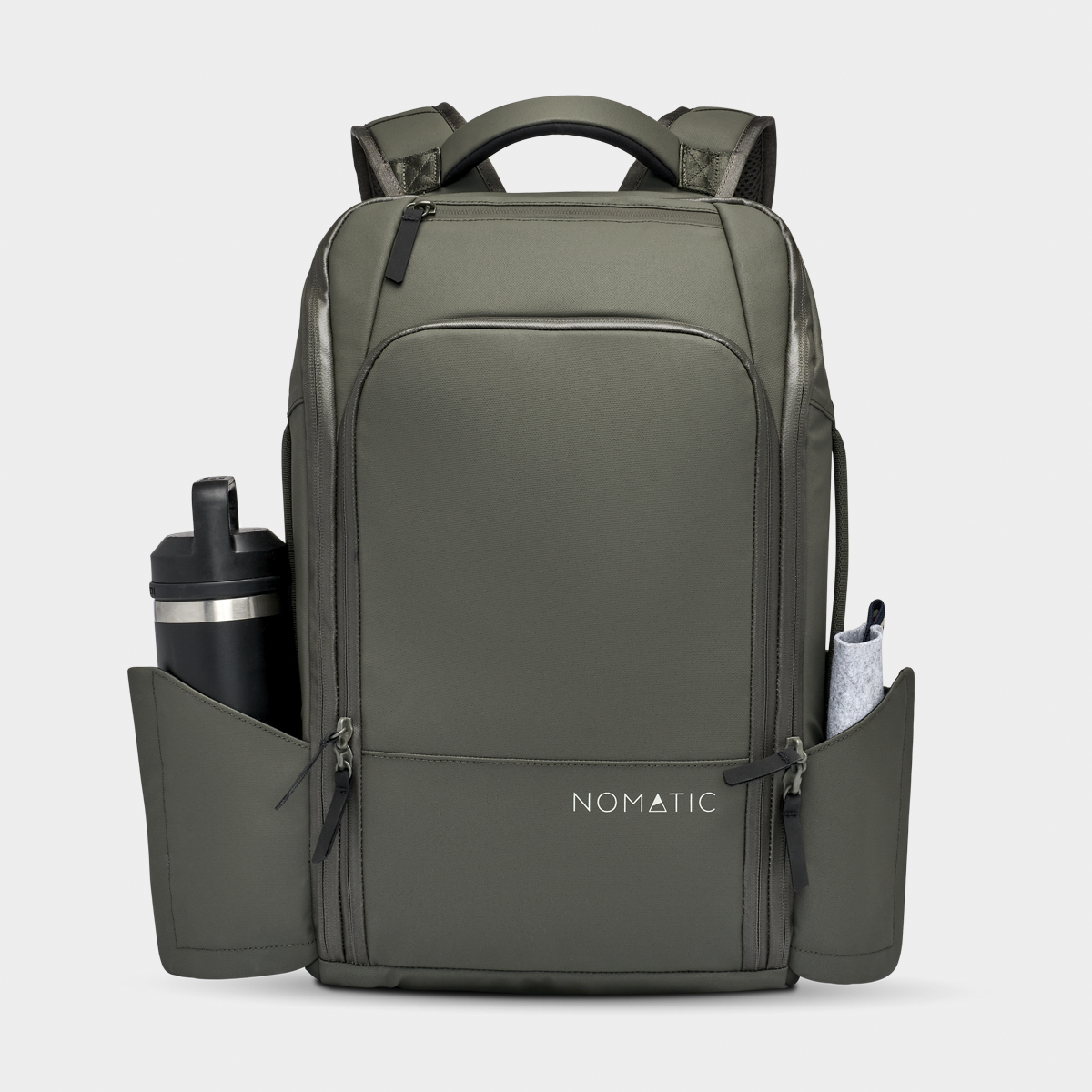 Nomatic Travel Pack 14L olive with filled magnetic water bottle pocket open