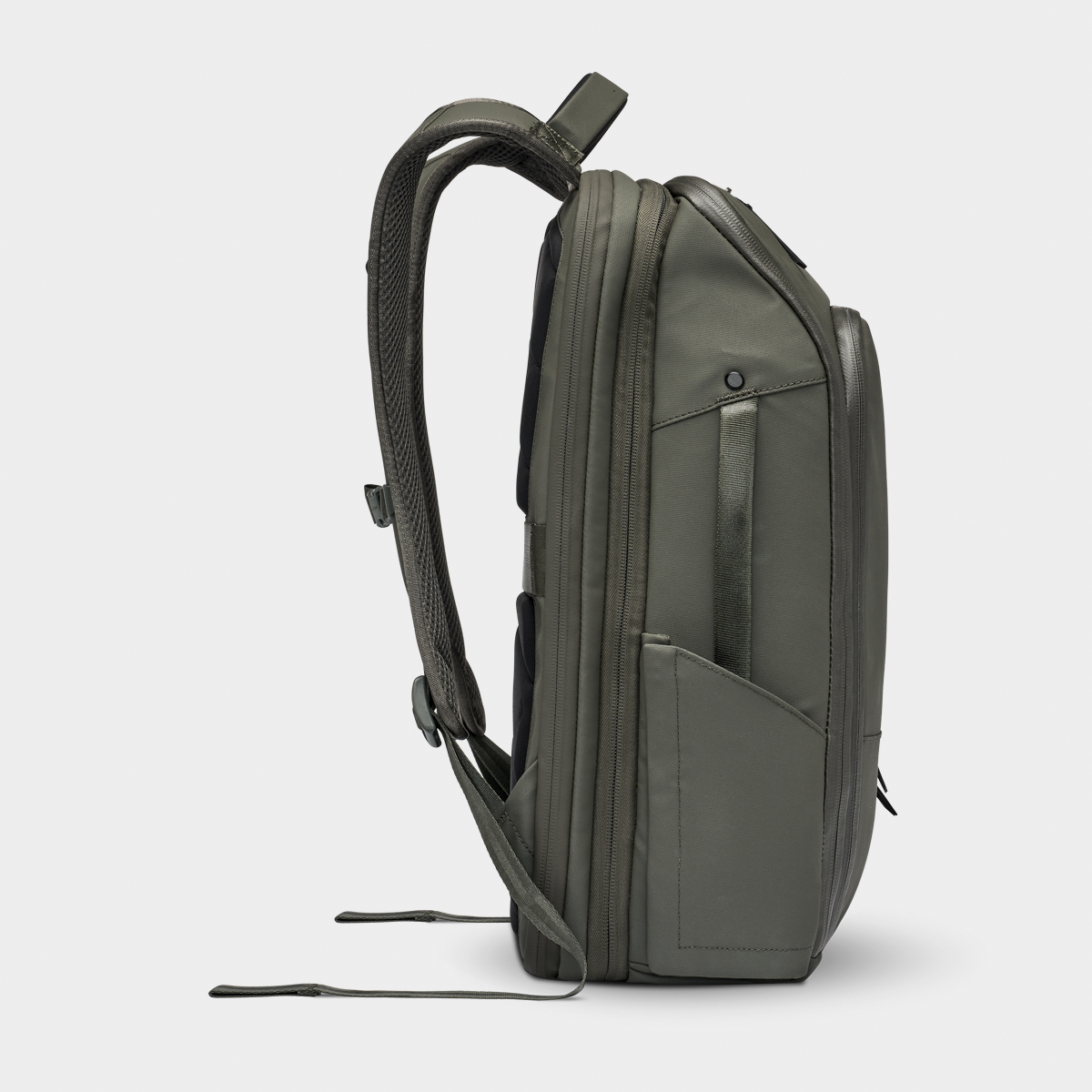 Nomatic Travel Pack 14L olive side view showing slim profile
